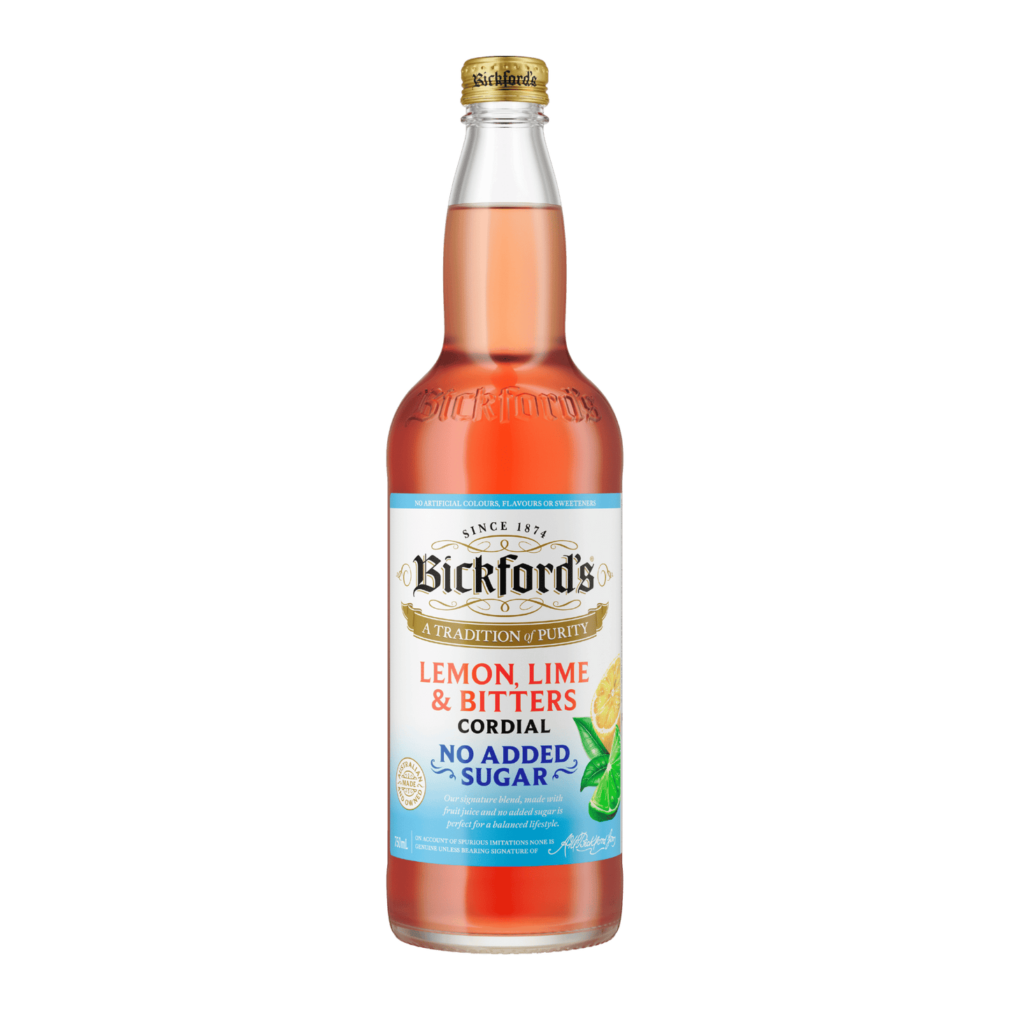 Bickford's No Added Sugar Lemon Lime & Bitters Cordial, 750ml - Cordial