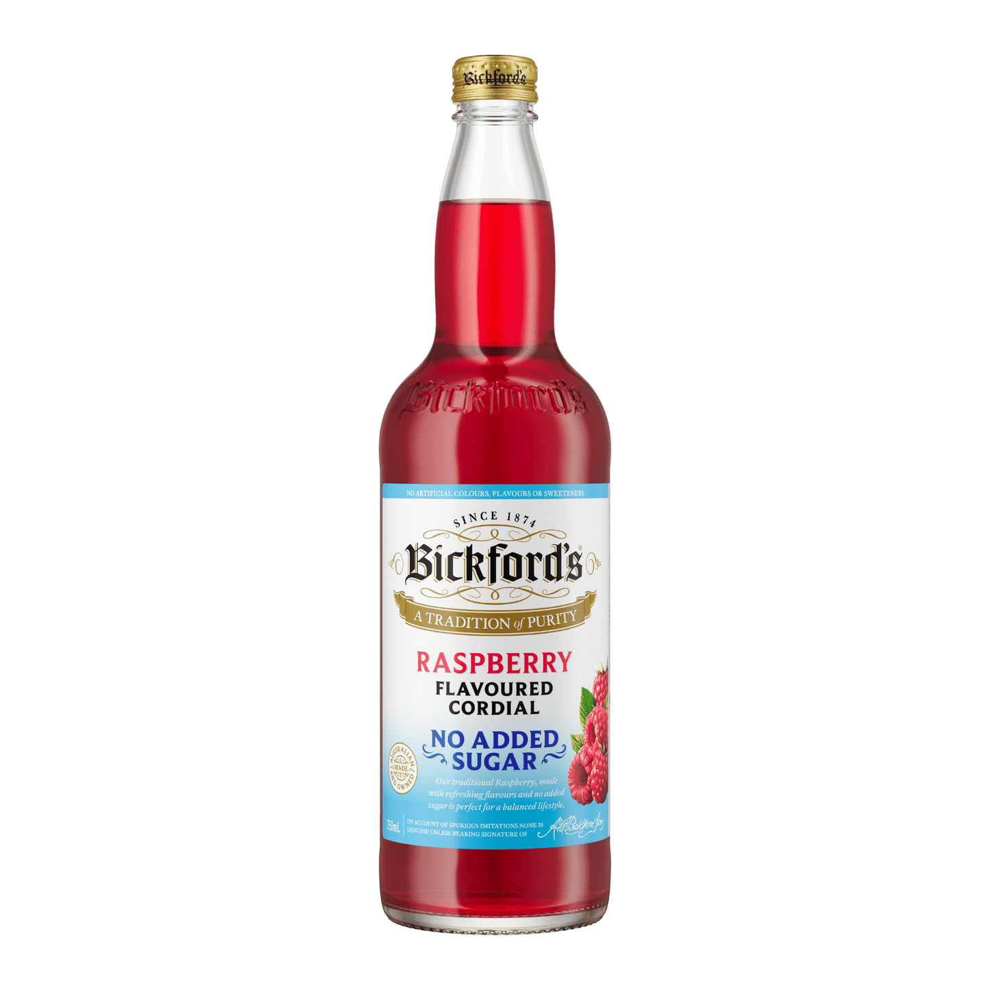 Bickford's No Added Sugar Raspberry Cordial, 750ml Carton x 8 - Cordial