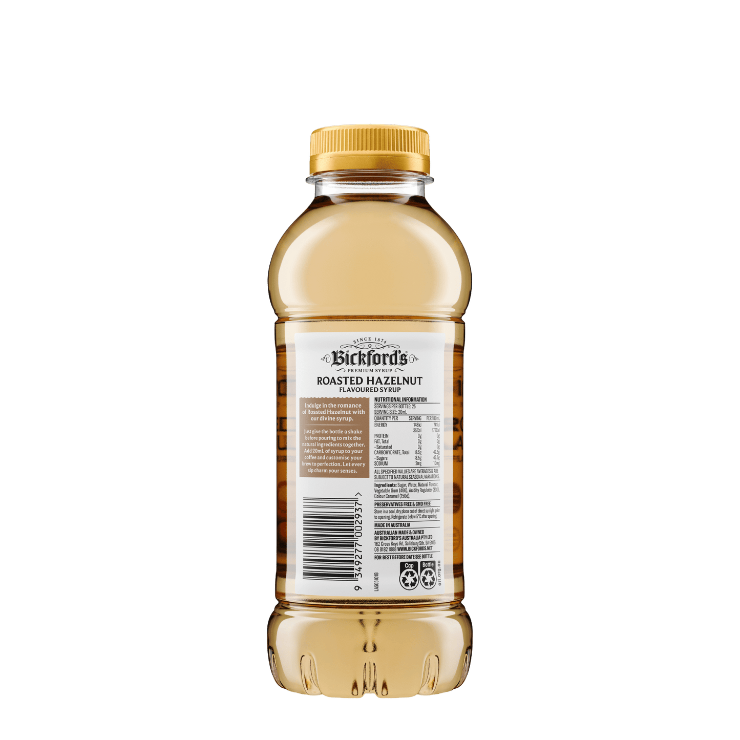 Bickford’s Roasted Hazelnut Syrups for Coffee 500ml - Syrup