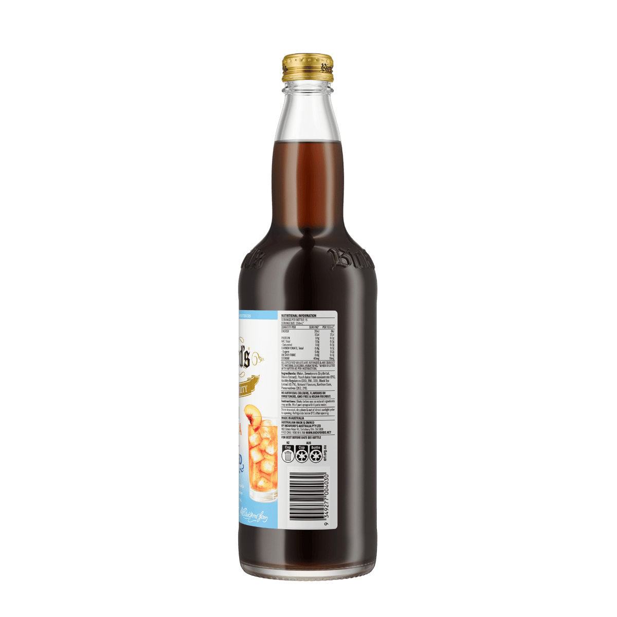 Bickford's No Added Sugar Peach Iced Tea Cordial, 750ml
