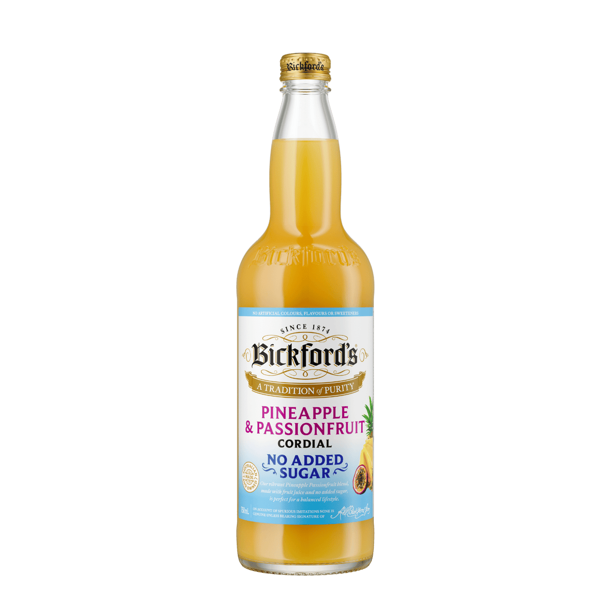 Bickford's No Added Sugar Pineapple & Passionfruit Cordial, 750ml