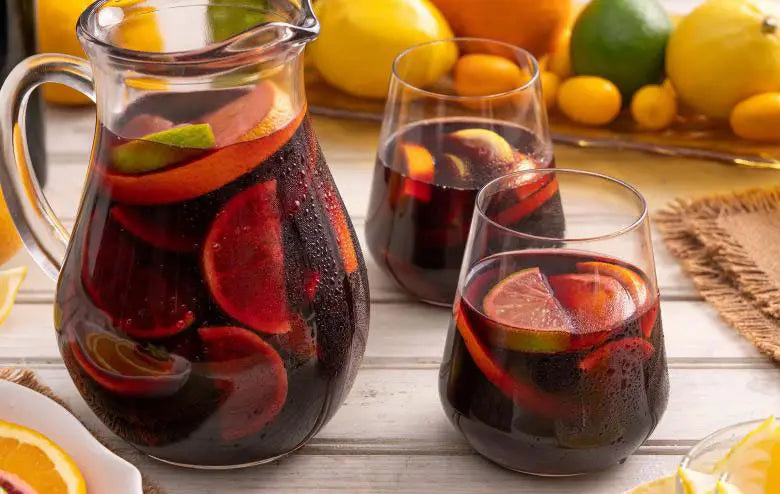 Jug of Aussie Sangria with two glasses filled