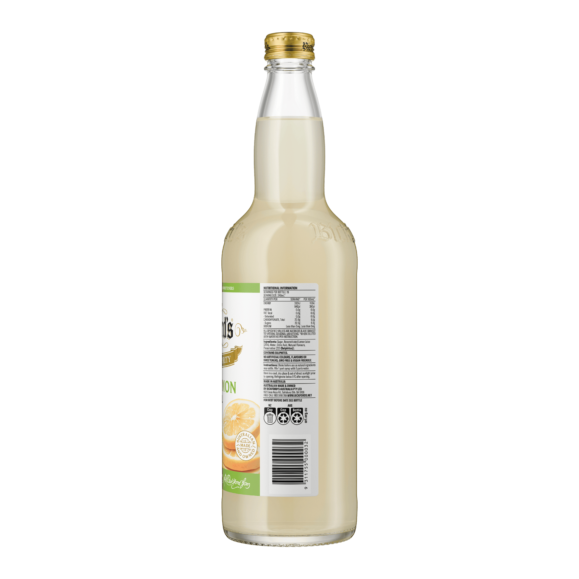 Bickford's Bitter Lemon Cordial, 750ml