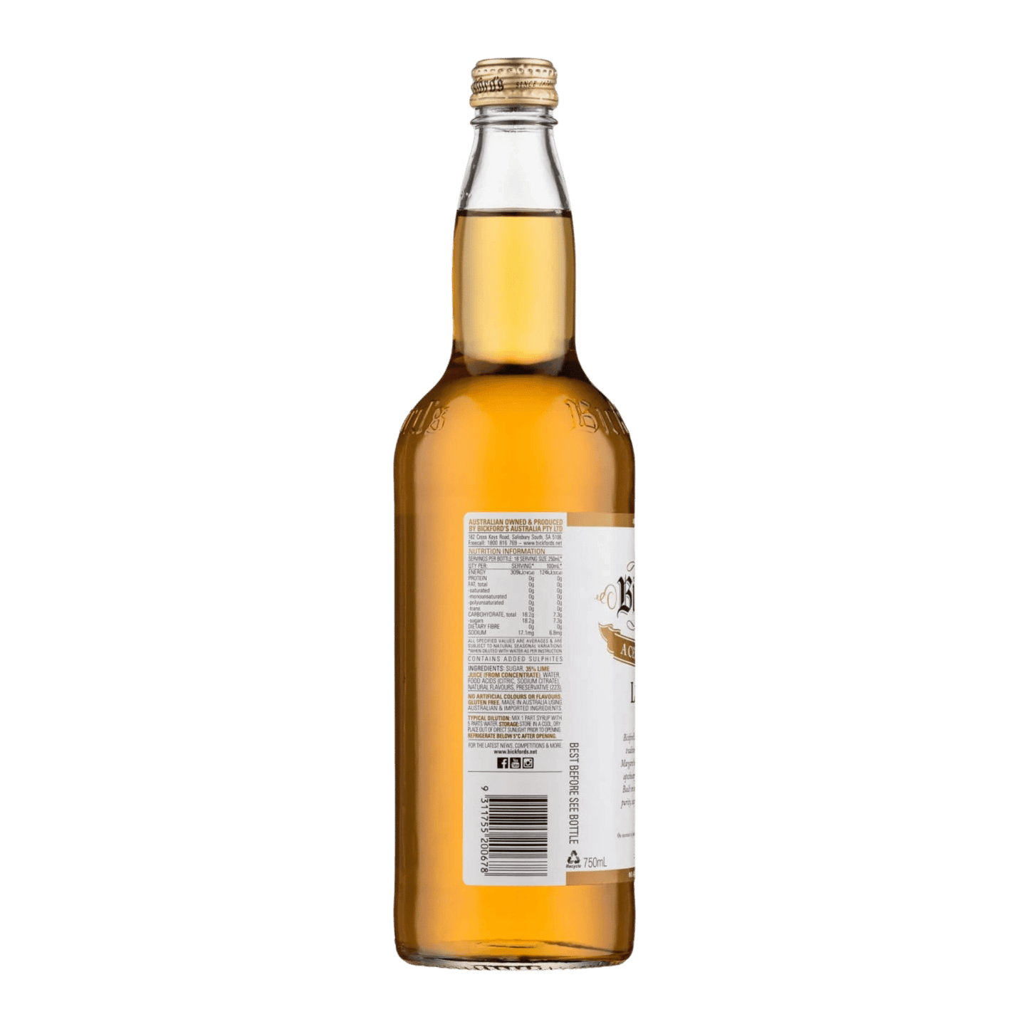 Bickford's Brown Lime Cordial, 750ml (SA only)