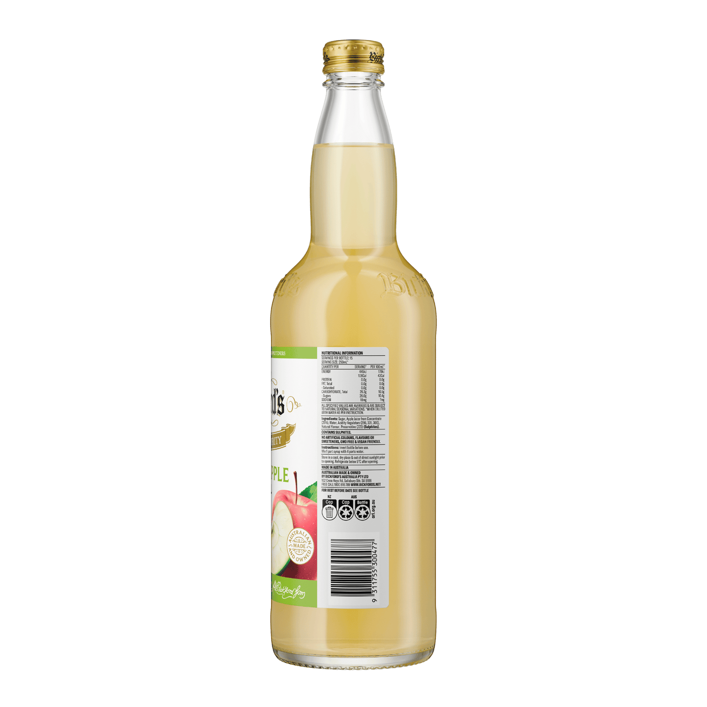Bickford's Cloudy Apple Cordial, 750ml Carton x 8 Bottles - Cordial