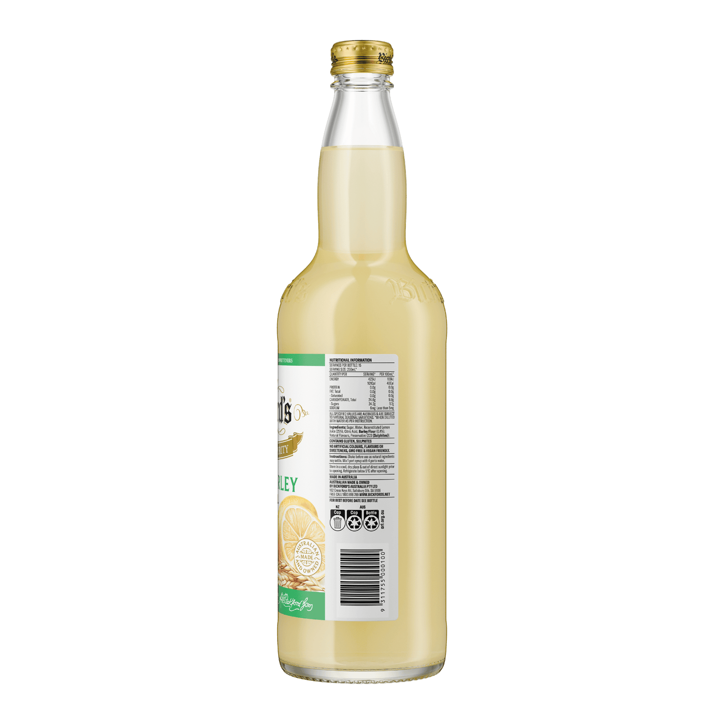 Bickford's Lemon Barley Cordial, 750ml