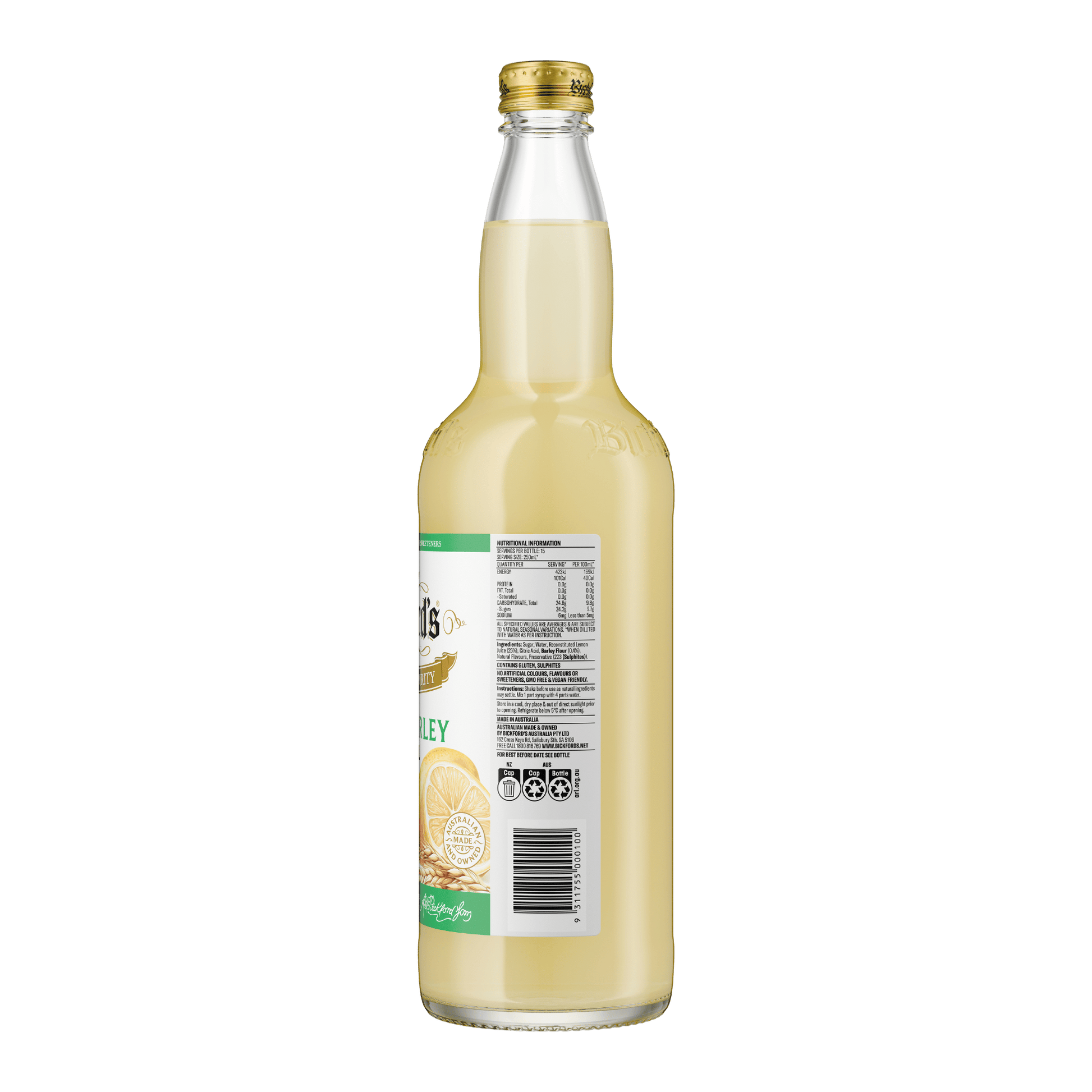Bickford's Lemon Barley Cordial, 750ml