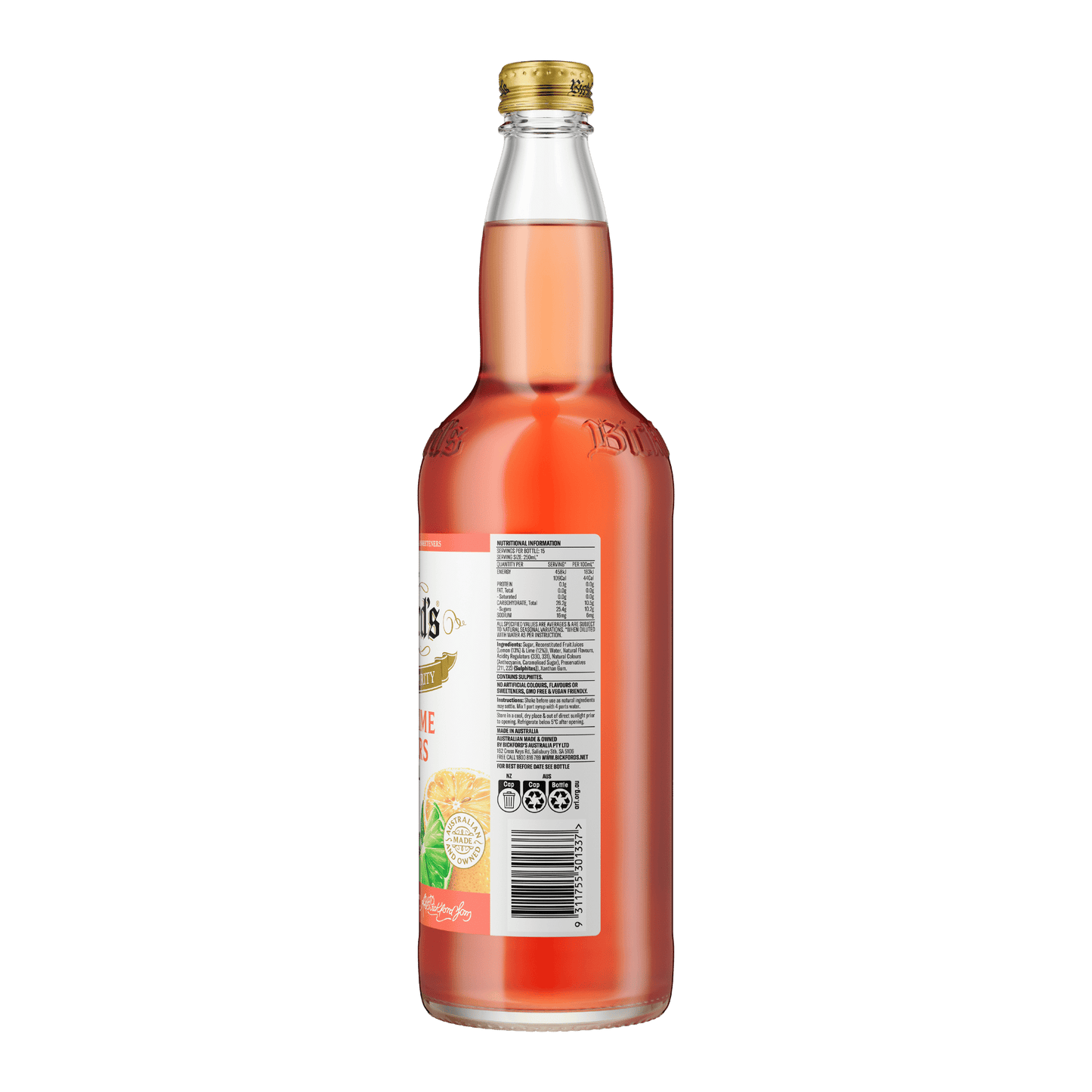 Bickford's Lemon Lime & Bitters Cordial,750ml