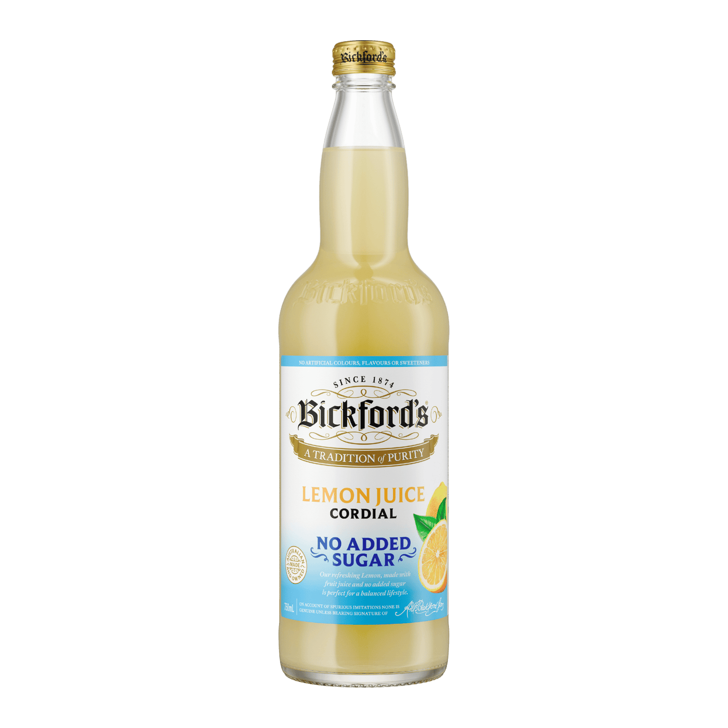 Bickford's No Added Sugar Lemon Cordial, 750ml - Cordial