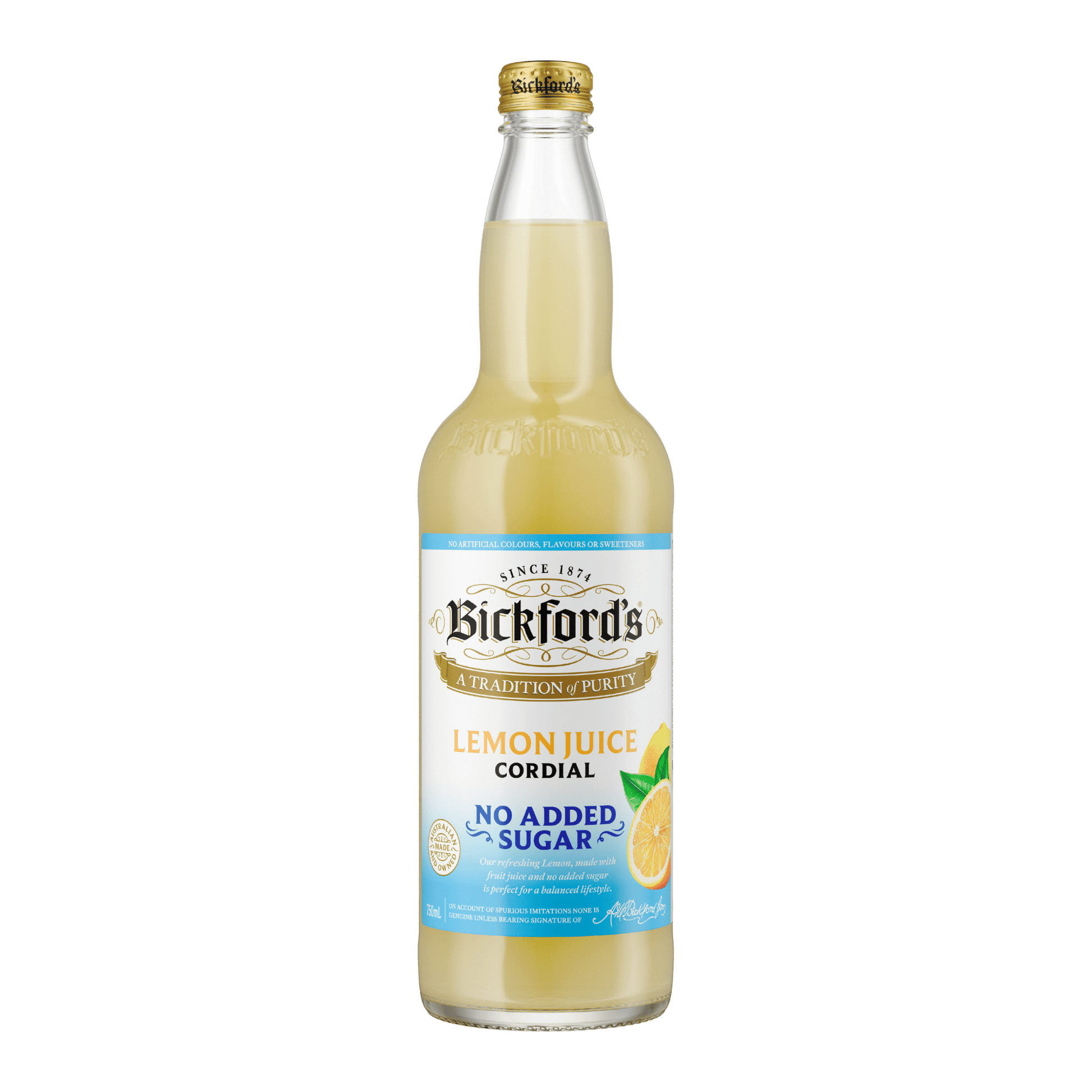 Bickford's No Added Sugar Lemon Cordial, 750ml - Cordial