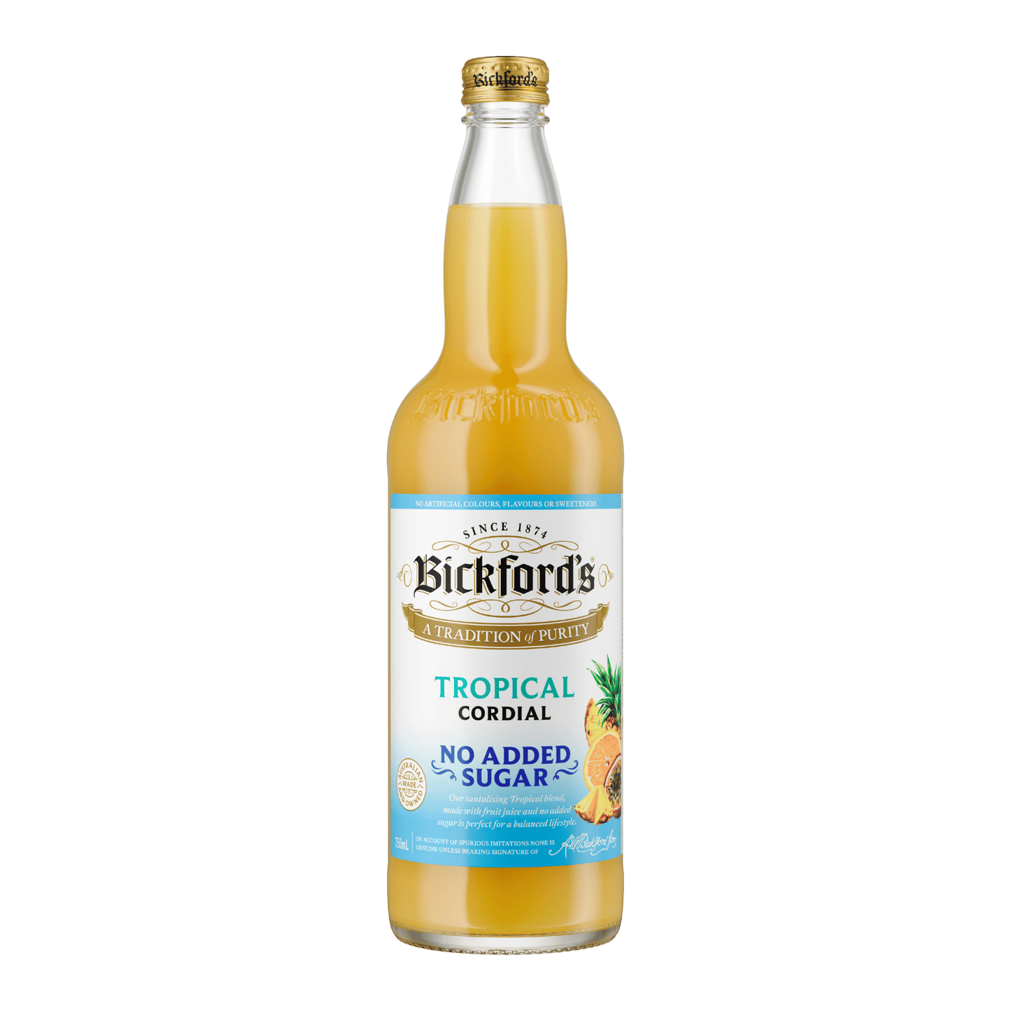 Bickford’s No Added Sugar Tropical Cordial 750ml Carton x 8