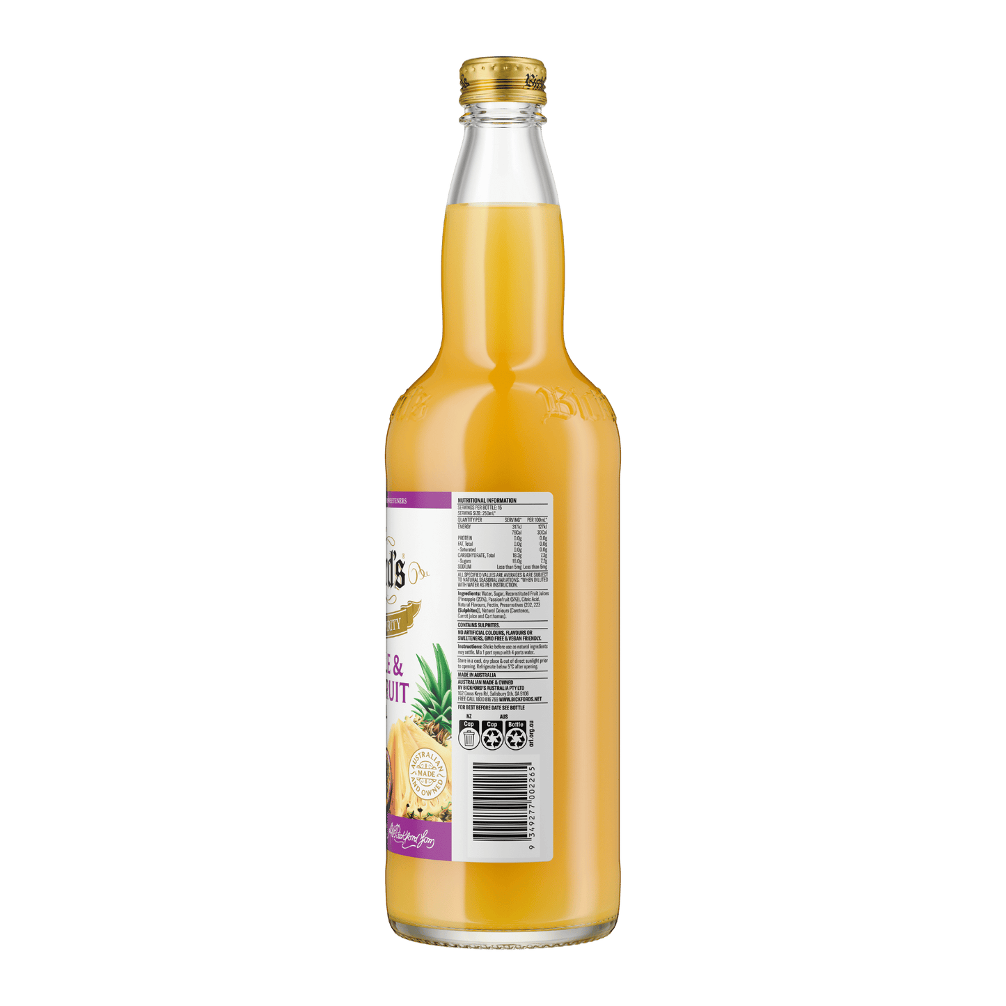 Bickford's Pineapple & Passionfruit Cordial, 750ml 