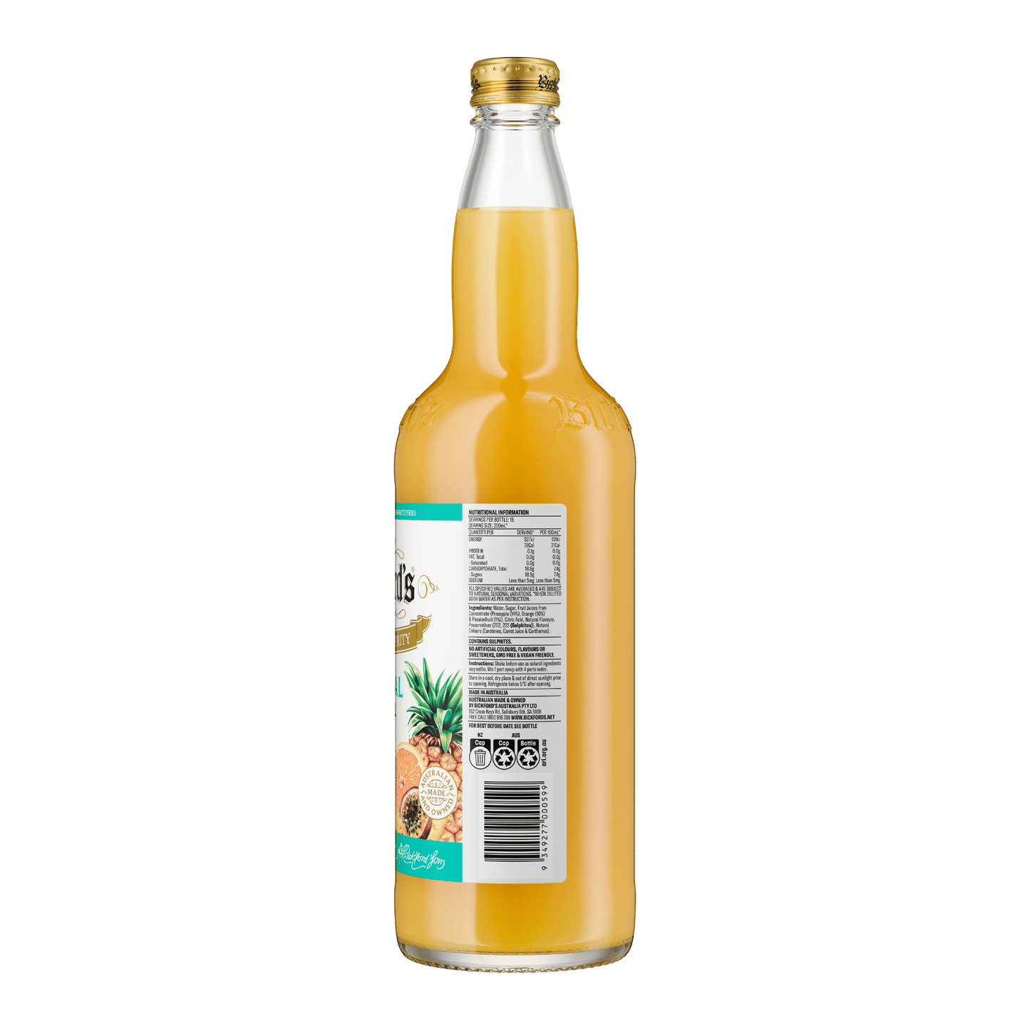 Bickford's Tropical Cordial, 750ml Carton x 8 Bottles - Cordial