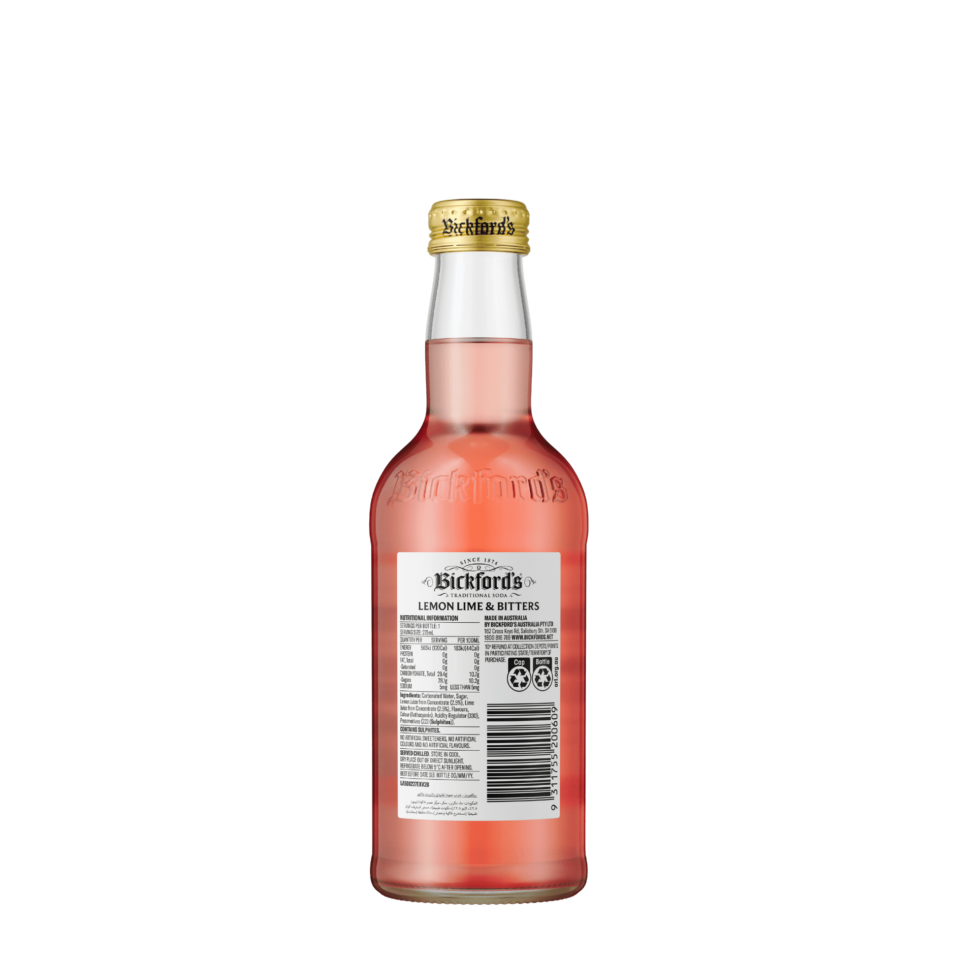 Bickford's Lemon Lime & Bitters Traditional Soda, 275ml - Soda